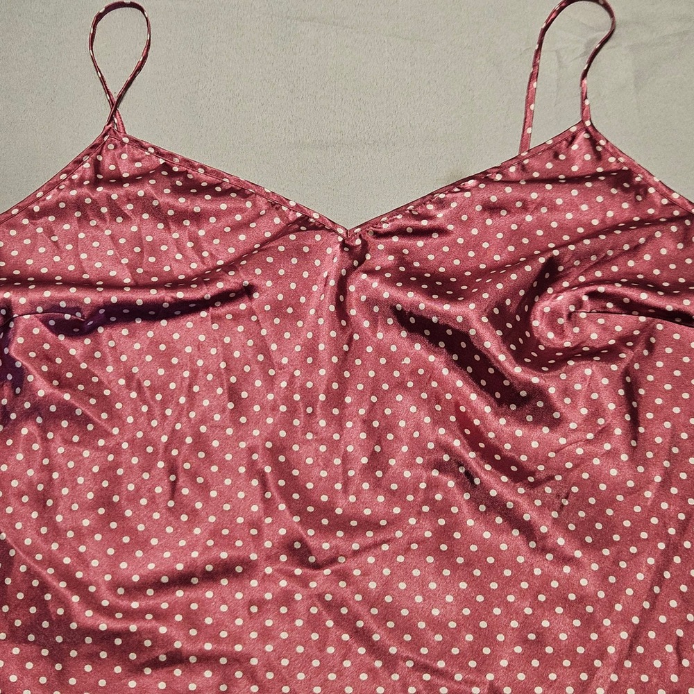Silky Polka Dot Cami Women XL Burgundy Satin V-Neck Spaghetti Strap Tank Top